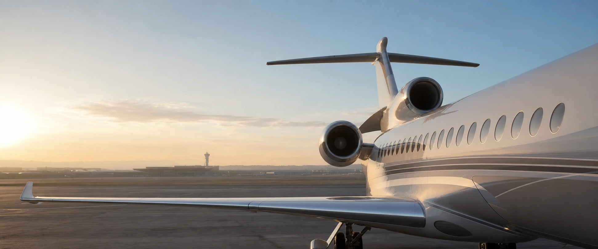 Falcon 7X en plataforma al amanecer